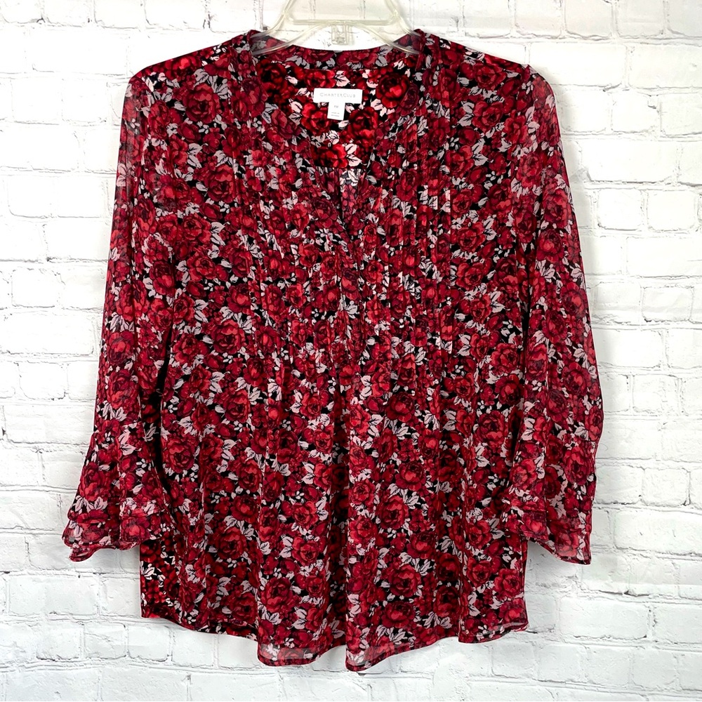 Charter Club Red and Black Floral Pleated Front V-Neck Blouse Size PM